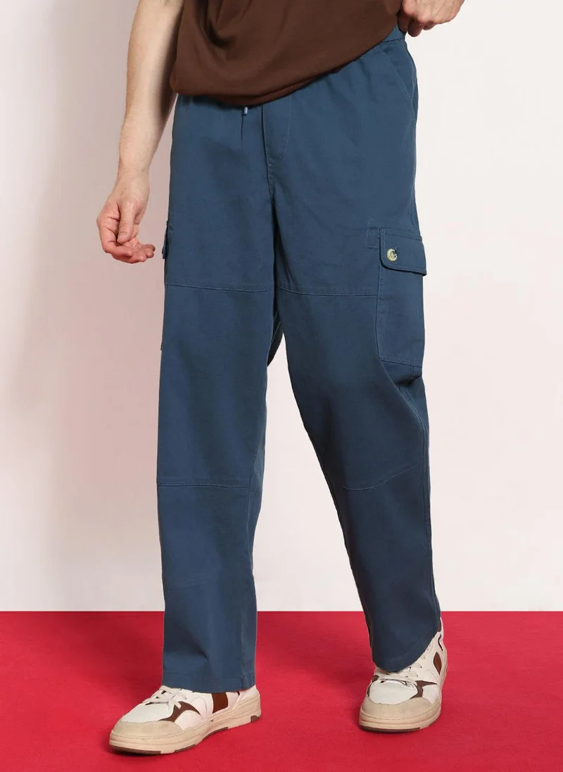 Urbano Fashion Men's Denim Blue Loose Baggy Fit Cargo Jogger Chino Pant with 6 Pockets Stretchable